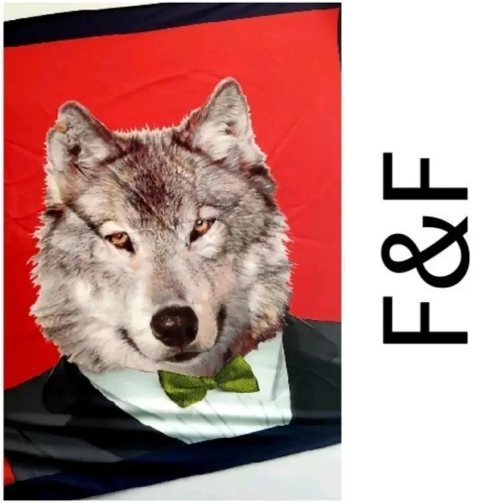 F & F Red 100% Silk Scarf with Handsome Grey Wolf in Tuxedo Design